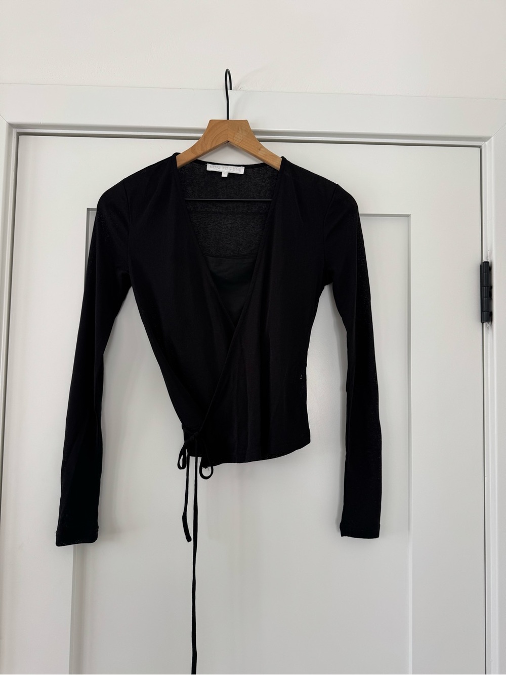 Women's Sheer Black Wrap Long-Sleeve Tie Front Top with Bralette